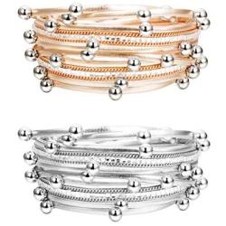 Finrezio 2 PCS Silver&Rose Gold Tone Multilayer Wrap Bracelets for Women Girls Leather Cuff Bracelets Fashion Boho Bead Charm Stackable Bracelets Set