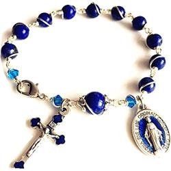 elegantmedical CATHOLIC Silver Wire Wraped Lapis lazul BEAD BRACELET ROSARY CROSS
