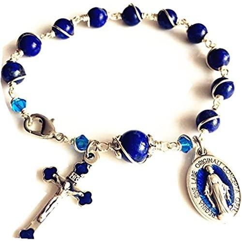 elegantmedical CATHOLIC Silver Wire Wraped Lapis lazul BEAD BRACELET ROSARY CROSS