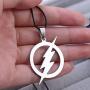 Stainless Steel Superhero Lightning Round Flash Pendant Necklace Leather Chain