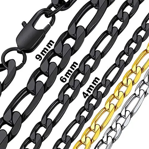 Bandmax 316L Stainless Steel Men Figaro Chain Necklace 14'' 18'' 20'' 22'' 24'' 26'' 28'' 30'',4mm/6mm/9mm Width Unisex Punk Miami Long Link Chain Necklace Jewelry for Women,18K Gold/Black Plated(Brand Box)