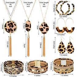 Yaomiao 9 Pieces Leopard Print Jewelry Set Leopard Leather Bracelets Dangle Earrings and Necklaces for Women