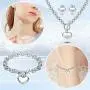 LOYALLOOK 3Sets Heart Pendant Necklace Toggle Chain Heart Bracelet Heart Stud Earrings for Women Stainless Steel Charm Love Heart Jewelry Set