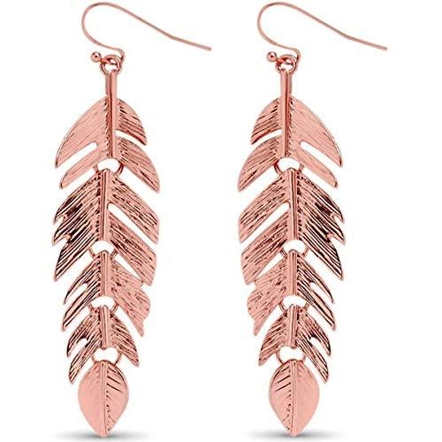 Humble Chic Floating Feathers Dangle Earrings - Long Hanging Metal Link Leaf Drops for Women - Bohemian Lightweight Layered Dangling Leaves