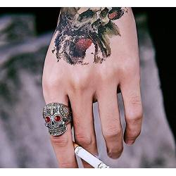 IFUAQZ Mens Vintage Stainless Steel Silver Gold Gothic Cross Sugar Skull Biker Ring with Green Eye Halloween