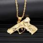 Lee Island Fashion 24K Gold Plated Simulated Diamond CZ Gun Pendant Stainless Steel Necklace For Men Boys, 24 Inch Chain Hip Hop Jewelry Gift