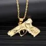 Lee Island Fashion 24K Gold Plated Simulated Diamond CZ Gun Pendant Stainless Steel Necklace For Men Boys, 24 Inch Chain Hip Hop Jewelry Gift