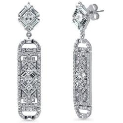 BERRICLE Rhodium Plated Sterling Silver Cubic Zirconia CZ Art Deco Bar Fashion Dangle Drop Earrings