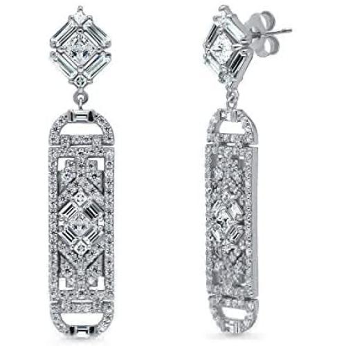 BERRICLE Rhodium Plated Sterling Silver Cubic Zirconia CZ Art Deco Bar Fashion Dangle Drop Earrings
