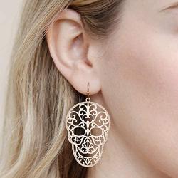 Sugar Skull Goth Punk Halloween Earrings - Calavera Lightweight Metallic Cutout Filigree Hook Dangles, Enamel, Acrylic Pearl Studs