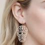 Sugar Skull Goth Punk Halloween Earrings - Calavera Lightweight Metallic Cutout Filigree Hook Dangles, Enamel, Acrylic Pearl Studs