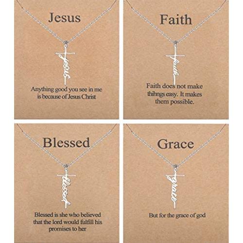 Jewenova 4Pcs Faith Cross Necklace for Women Blessed Hope Grace Pendant Necklaces Religious Jewelry Christian Cross Necklace Set Inspirational Faith Gifts for Women with Meaning Card