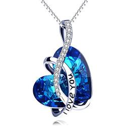 AOBOCO I Love You Jewelry Sterling Silver Blue Purple Heart Pendant Necklace Embellished with Crystals from Austria, Fine Anniversary Birthday Jewelry Gifts for Women