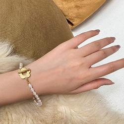 YorzAhar White Big Irregular Pearls Bracelets 7-8.5mm Pearls Stretch Bracelet 18k Gold Plated Pearl Strand Bracelet for Women (6 inch Long) Adjustable Chain