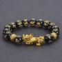 Feng Shui The Best 10mm Black Hand Carved Mantra Bead Bracelet with Golden Pi Xiu/Pi Yao Lucky Wealthy Amulet Brecelet