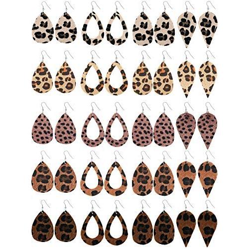 20 Pieces Faux Leather Earrings Leopard Print Earrings Teardrop Dangle Earrings (Solid Hollow Teardrop Style)