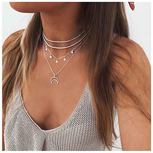 TseanYi Layering Moon Star Necklaces Silver Crescent Moon Pendant Necklace Vintage Bead Choker Necklace Chain Jewelry for Women and Girls