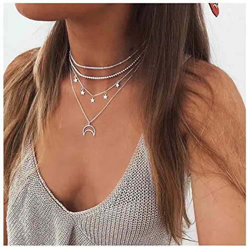 TseanYi Layering Moon Star Necklaces Silver Crescent Moon Pendant Necklace Vintage Bead Choker Necklace Chain Jewelry for Women and Girls