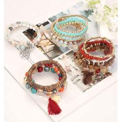 ORAZIO Bohemian Stackable Beaded Bracelets for Women Multilayer Stretch Strand Charm Bracelet Set