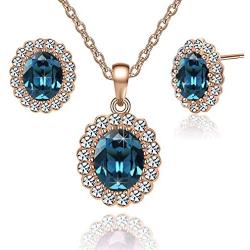 Swarovski Crystals Oval Halo Pendant Necklace Drop Earrings for Women 14K Gold Plated Hypoallergenic Jewelry Set