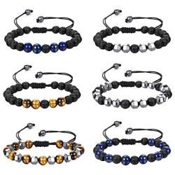 CASSIECA 6Pcs Lava Rock Stone Bead Bracelet for Men Women 8mm Elastic Tiger Eye Stone Bead Bracelet Stress Relief Yoga Bead Adjustable Bracelet Aromatherapy Essential Oil Diffuser Anxiety Bracelet Set