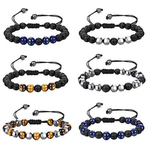 CASSIECA 6Pcs Lava Rock Stone Bead Bracelet for Men Women 8mm Elastic Tiger Eye Stone Bead Bracelet Stress Relief Yoga Bead Adjustable Bracelet Aromatherapy Essential Oil Diffuser Anxiety Bracelet Set