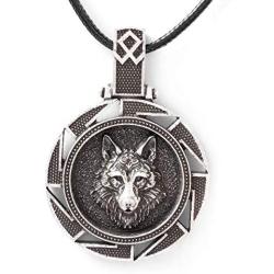 HAQUIL Wolf Necklace - Metal Alloy, Round Wolf Medallion Pendant - Leather Cord, 19.7''