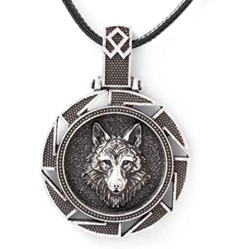 HAQUIL Wolf Necklace - Metal Alloy, Round Wolf Medallion Pendant - Leather Cord, 19.7''