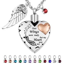 Dletay Heart Cremation Necklace for Ashes Cremation Jewelry with 12 Birthstones Urn Necklace for Ashes-Your Wings were Ready but My Heart was Not