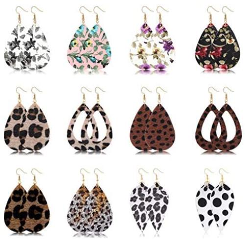 Hanpabum 12 Pairs Teardrop Leather Dangle Earrings for Women Girls Lightweight Leopard Print Dangle Earrings Set Fashion Jewelry