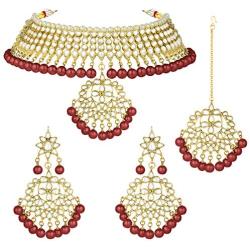 Aheli Faux Kundan Necklace Earrings Maang Tikka Set Indian Ethnic Wedding Fashion Jewelry Set for Women