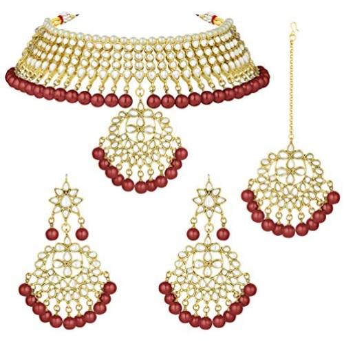Aheli Faux Kundan Necklace Earrings Maang Tikka Set Indian Ethnic Wedding Fashion Jewelry Set for Women