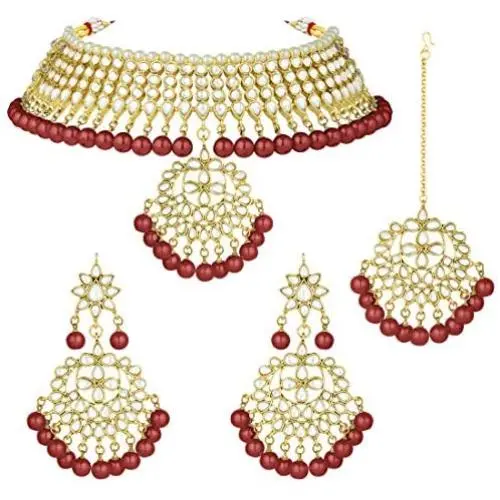 Aheli Faux Kundan Necklace Earrings Maang Tikka Set Indian Ethnic Wedding Fashion Jewelry Set for Women Aheli Faux Kundan Necklace Earrings Maang Tikka Set Indian Ethnic Wedding Fashion Jewelry Set for Women