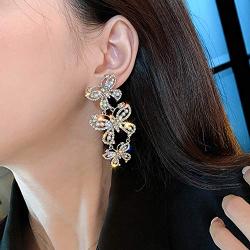 fxmimior Fashion Women Asymmetry Silver Full Rhinestones Pearls Butterfly Earrings Ring Loop Long Chain Drop Dangle Earrings Jewelry for Women