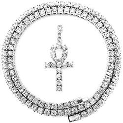 Shiny Jewelers USA Mens Hip HOP Silver ICED Out Micro Double ANKH Cross Pendant Cuban Rope Box Chain Necklace Set