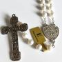 elegantmedical Stations of the Cross Prayer Rosary Real White Pearl Beads Necklace Catholic Gifts Box