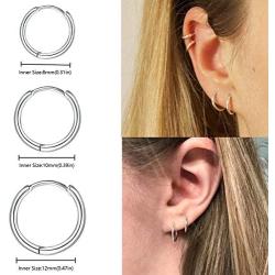Small Silver Hoop Earrings -Sterling Silver Hoop Earrings Small Huggie Hoop Earrings Set for Women Men Girls| 3 Pairs Hypoallergenic Cartilage Earrings Tragus Earrings Nose Lip Rings 8mm 10mm 12mm