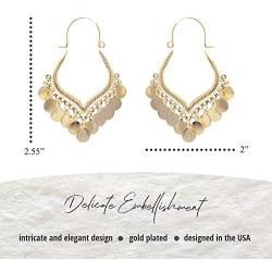 NTLX Boho Coin Dangle Hoop Earrings - Bohemian Chandelier Charm Earrings for Women - Lightweight Gold/Silver Disc Drop Statement Jewelry - Round or V Shape - Includes Gift Box
