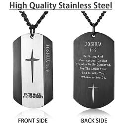 REVEMCN Black Silver Stainless Steel Bible Verse Cross Dog Tag Pendant Necklace for Men, 24-28 Inches Chain