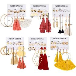 JACEDOFU 36 PairsTassel Earrings Layered Long Thread Ball Dangle Earrings Stud Earring Bohemian Tiered Tassel Drop Earrings Fashion Jewelry for Women Girls Valentine Birthday Party Gifts