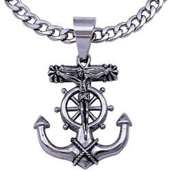 Double Rainbow Jewelry C08S-P37S Mens Stainless Steel Silver Anchor Jesus Cross Cuban Necklace Chain Link
