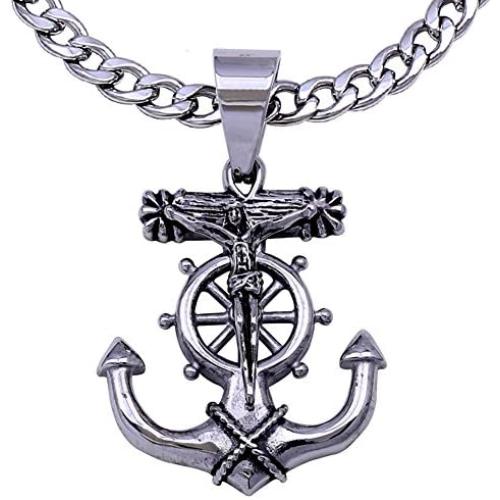 Double Rainbow Jewelry C08S-P37S Mens Stainless Steel Silver Anchor Jesus Cross Cuban Necklace Chain Link