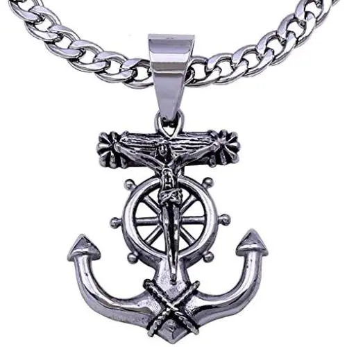 Double Rainbow Jewelry C08S-P37S Mens Stainless Steel Silver Anchor Jesus Cross Cuban Necklace Chain Link Double Rainbow Jewelry C08S-P37S Mens Stainless Steel Silver Anchor Jesus Cross Cuban Necklace Chain Link