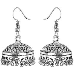 Saissa Silver Plated Oxidised Metal Bollywood Lightweight Small Jhumka Boho Earrings Indian Jewelry for Women