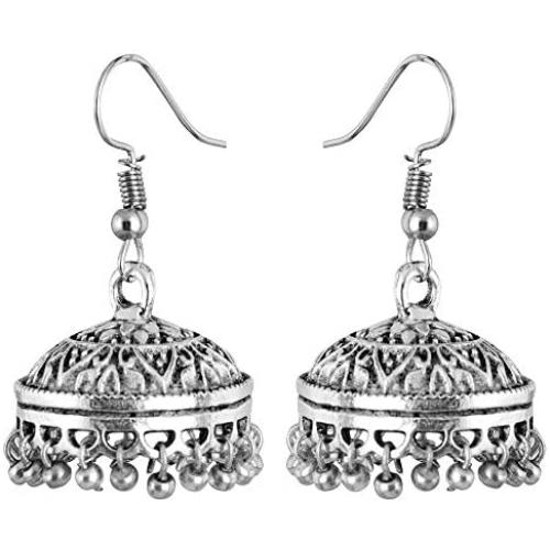 Saissa Silver Plated Oxidised Metal Bollywood Lightweight Small Jhumka Boho Earrings Indian Jewelry for Women