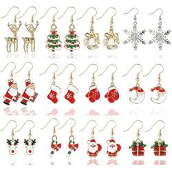 12 Pairs Christmas Earrings for Women Girls Xmas Earrings Dangle Elk Snowman Santa Claus Gift Box Glove Boots Christmas Tree Earrings Christmas Gifts for Women Girls