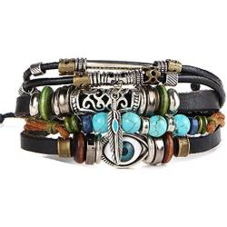 TOMLEE Evil Eye Bracelet Bohemian Genuine Leather Charm Bracelet for Women Men Vintage Multilayer Adjustable Rope Beaded String Bracelets Handmade Braid Knot Jewelry