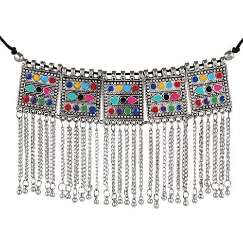 Sansar India Oxidised Gypsy Square Multicolor Tassels Choker Necklace for Girls and Women 1751