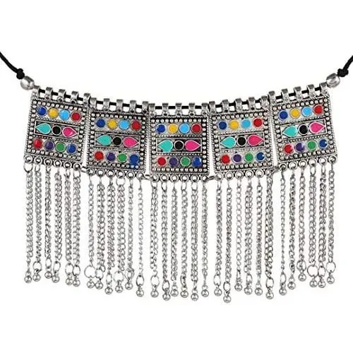 Sansar India Oxidised Gypsy Square Multicolor Tassels Choker Necklace for Girls and Women 1751