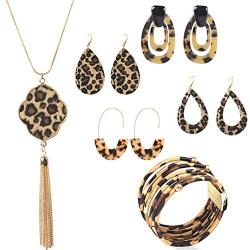 Statement Leopard Jewelry Set for Women Leopard Leather Bracelet Teardrop Drop Dangle Earrings Long Tassel Pendant Necklace Valentines Day Necklace Earrings Gift